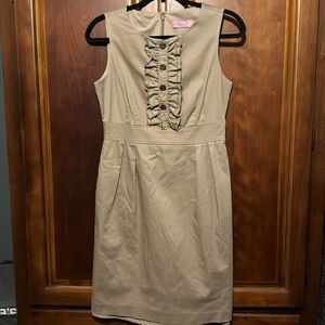 Eliza J Size 6 Ruffle Front Sleeveless Dress. Tan in color. Zip, eye/hook back.